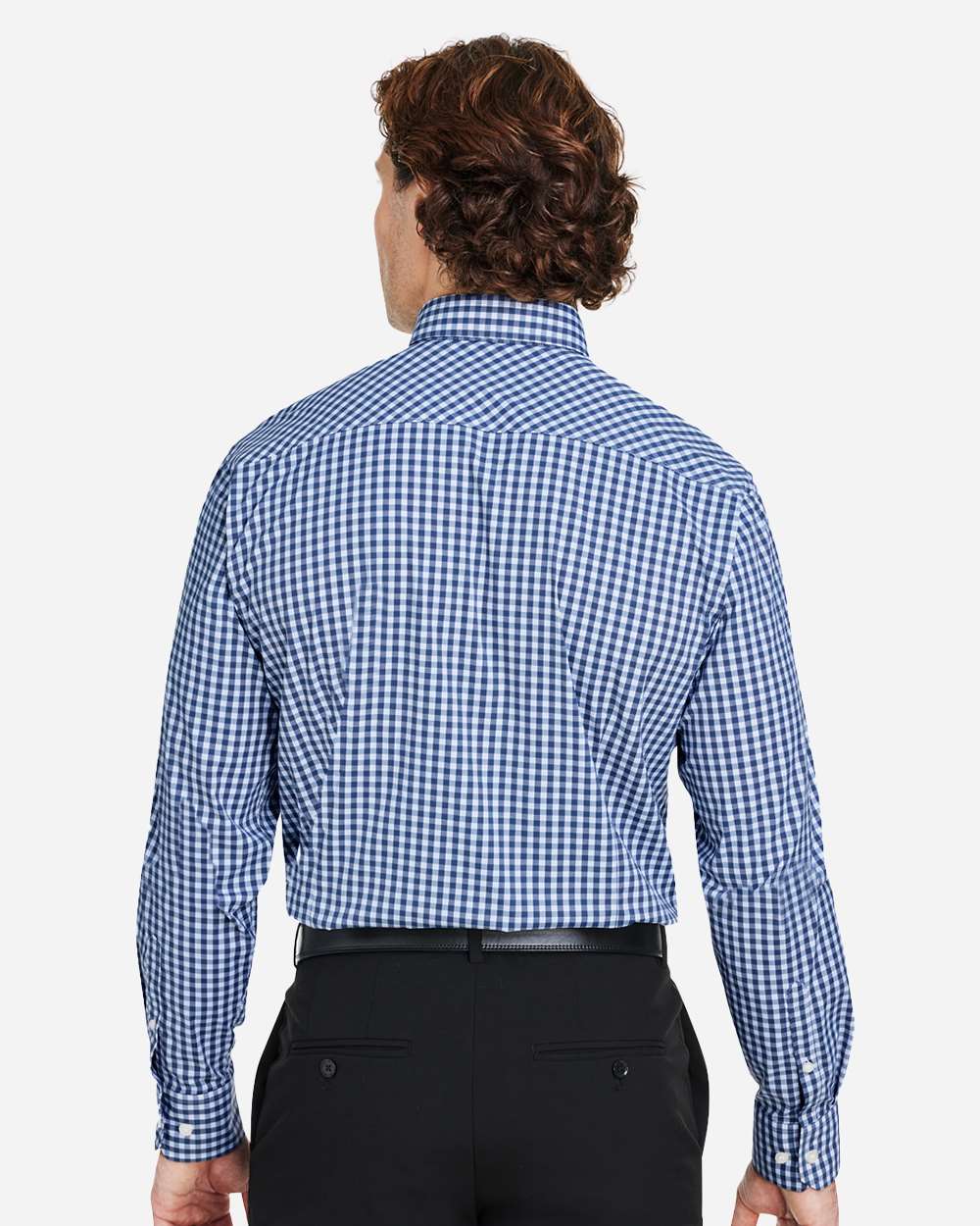 Men's CrownLux Performance® Gingham Dress Shirt - OnModelBack - B683B2653 - Navy/ White