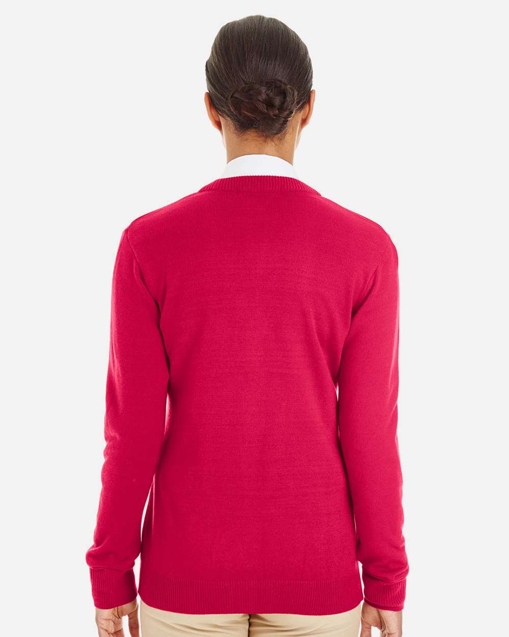 Women's Pilbloc V-Neck Button Cardigan Sweater - OnModelBack - B235B9702 - Red