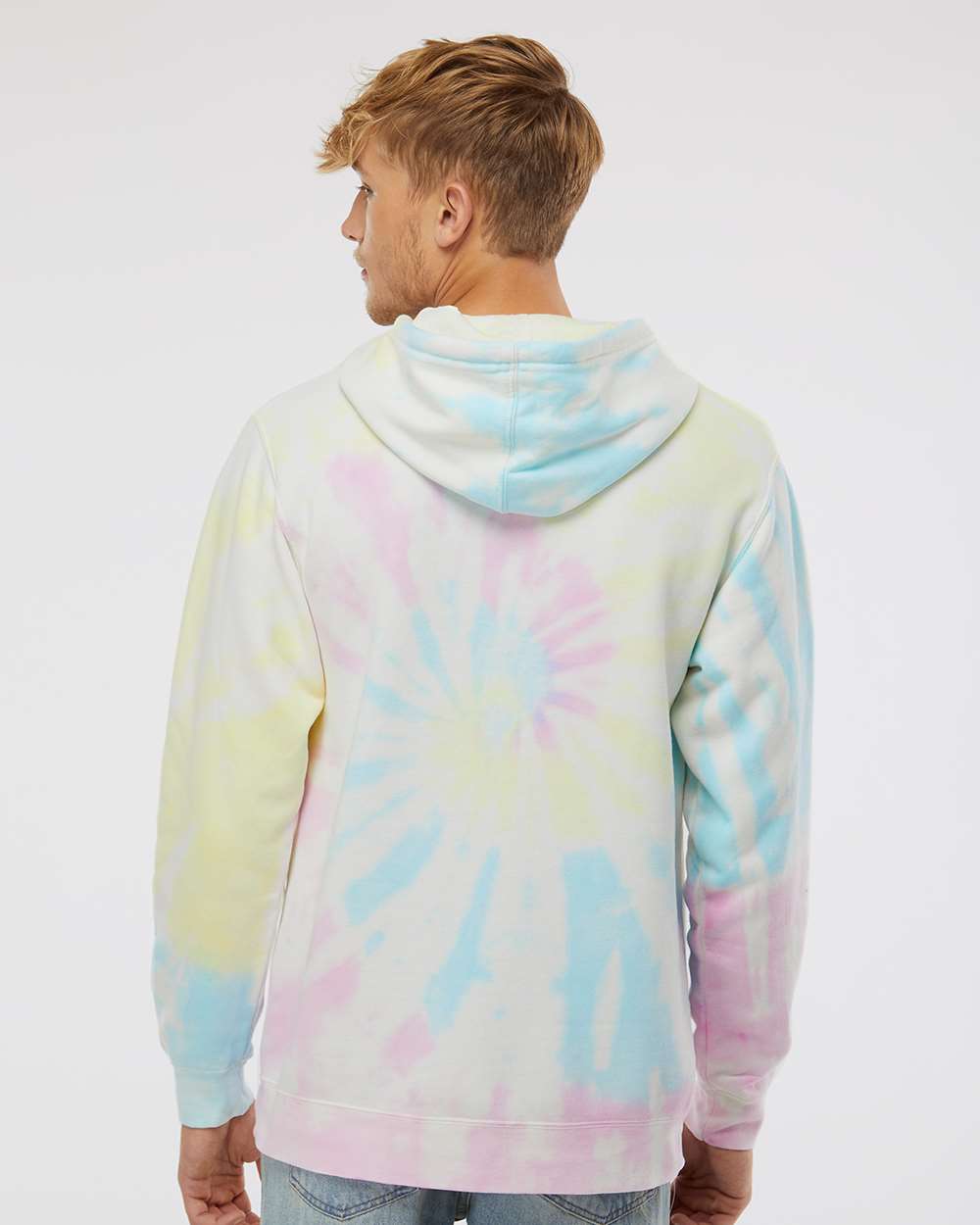 Unisex Midweight Tie-Dyed Hooded Sweatshirt - OnModelBack - B01476322 - Tie Dye Sunset Swirl
