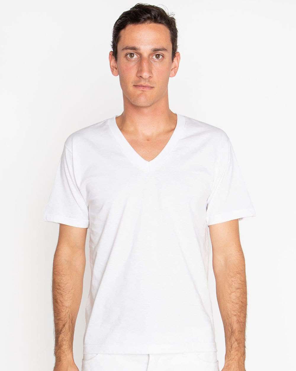 Unisex USA-Made Fine Jersey V-Neck T-Shirt - OnModelFront - B11163002 - White