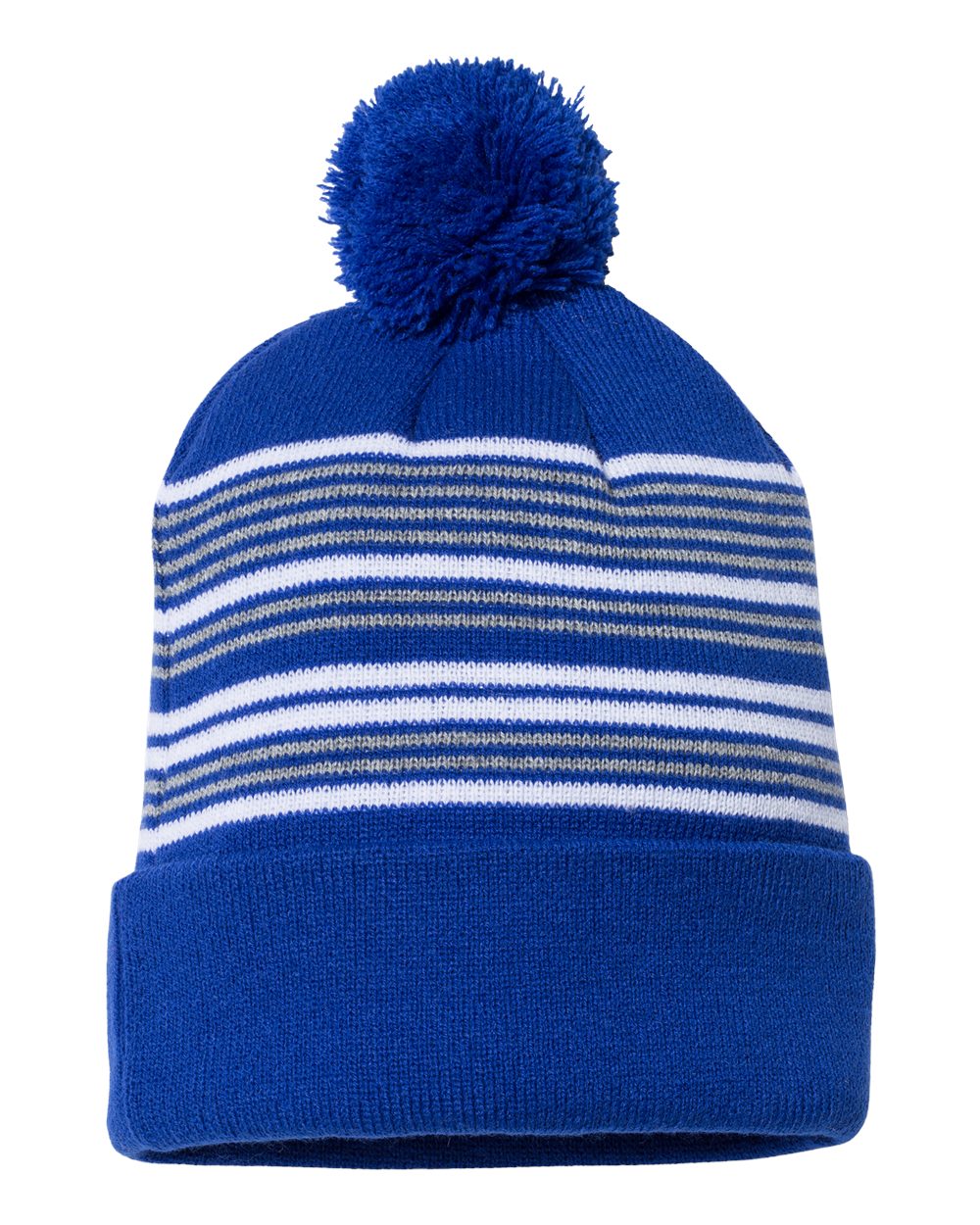 12" Striped Pom-Pom Cuffed Beanie - Back - B50595760 - Royal/ White/ Grey