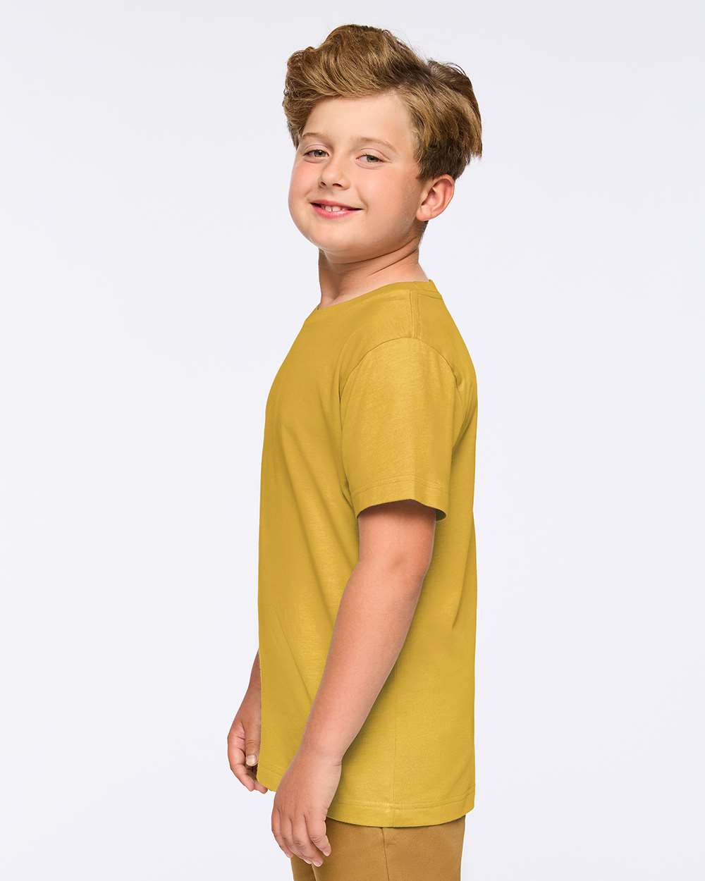 Youth Fine Jersey Tee - OnModelSide - B38038102 - Mustard