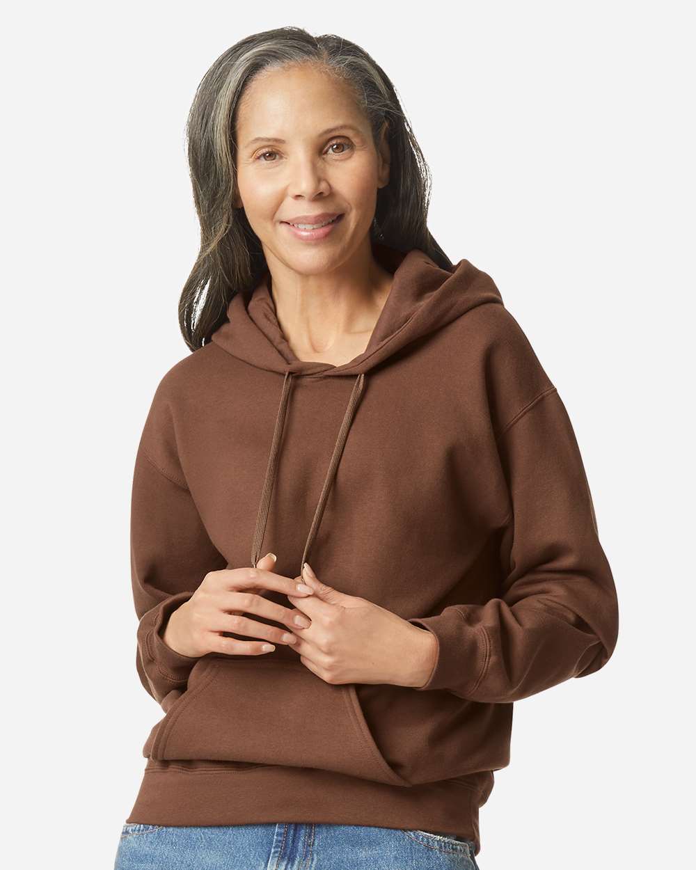 Softstyle® Midweight Hooded Sweatshirt - OnModelFront - B24160603 - Cocoa