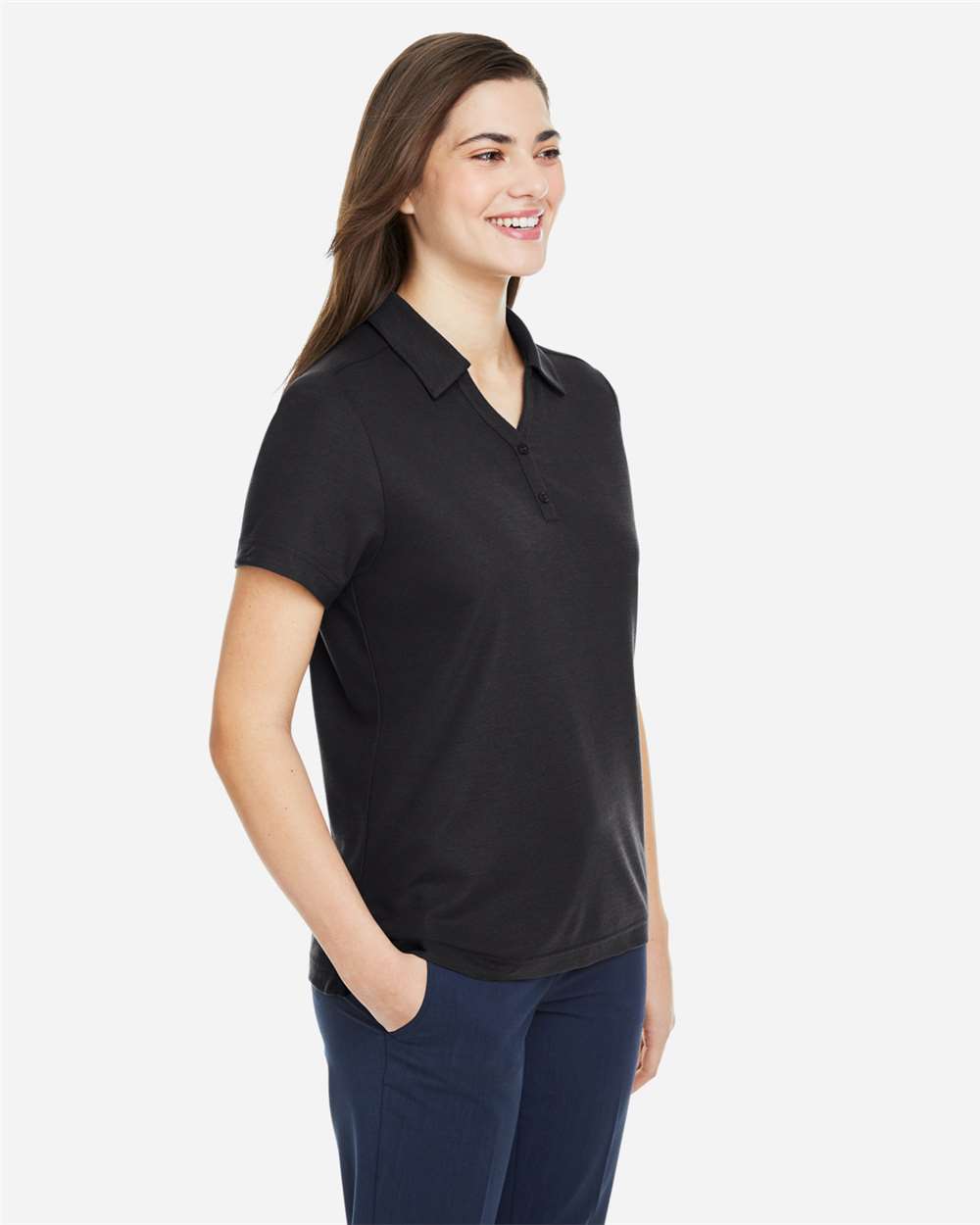 Women's Fusion ChromaSoft™ Pique Polo - OnModelSide - B280A7502 - Black