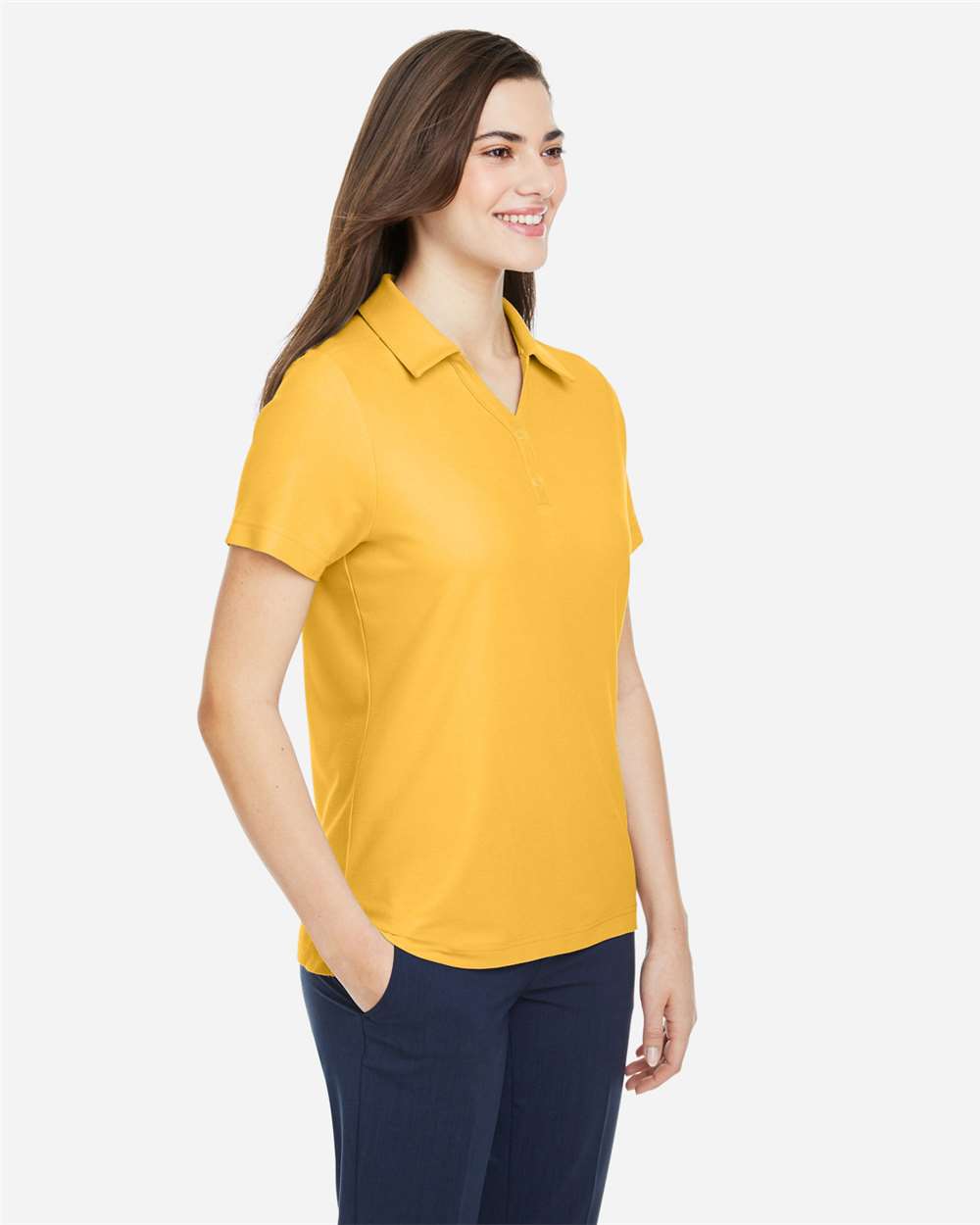 Women's Fusion ChromaSoft™ Pique Polo - OnModelSide - B280A7122 - Campus Gold
