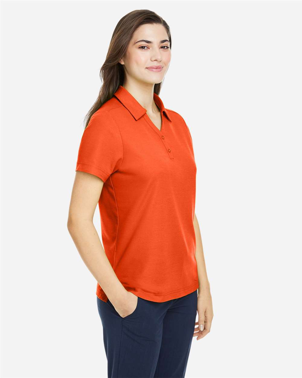 Women's Fusion ChromaSoft™ Pique Polo - OnModelSide - B280A7662 - Campus Orange