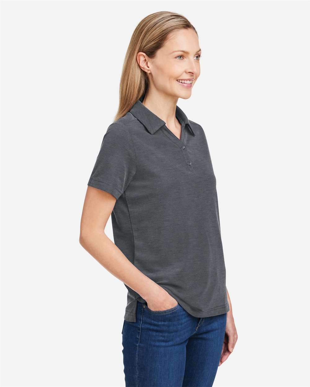 Women's Fusion ChromaSoft™ Pique Polo - OnModelSide - B280A7102 - Carbon Heather