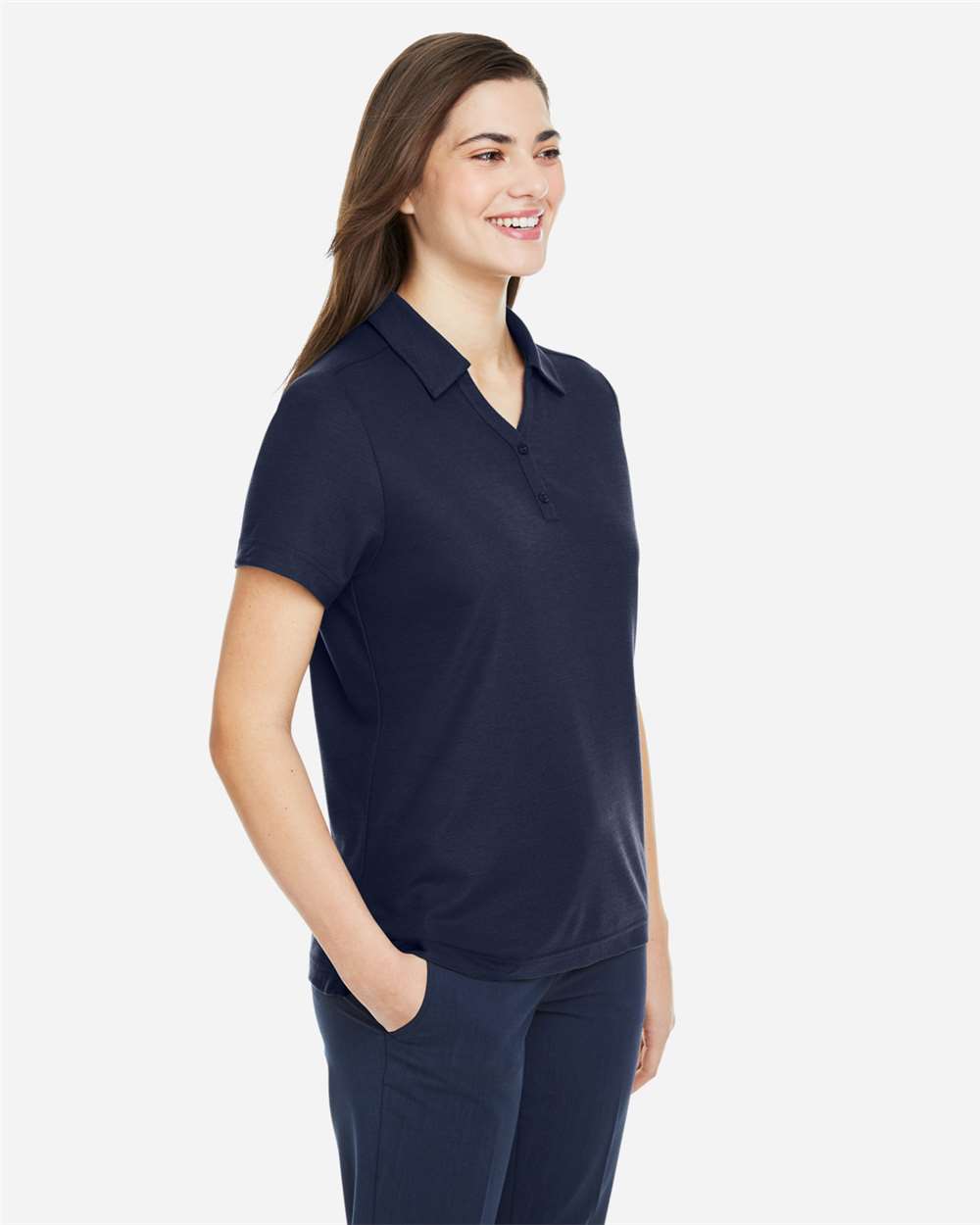 Women's Fusion ChromaSoft™ Pique Polo - OnModelSide - B280A7652 - Classic Navy