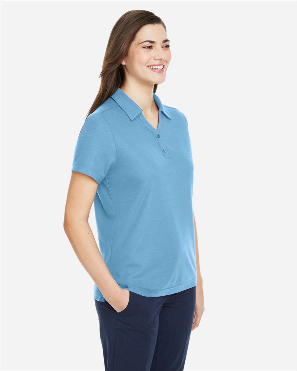 Women's Fusion ChromaSoft™ Pique Polo - OnModelSide - B280A7262 - Columbia Blue