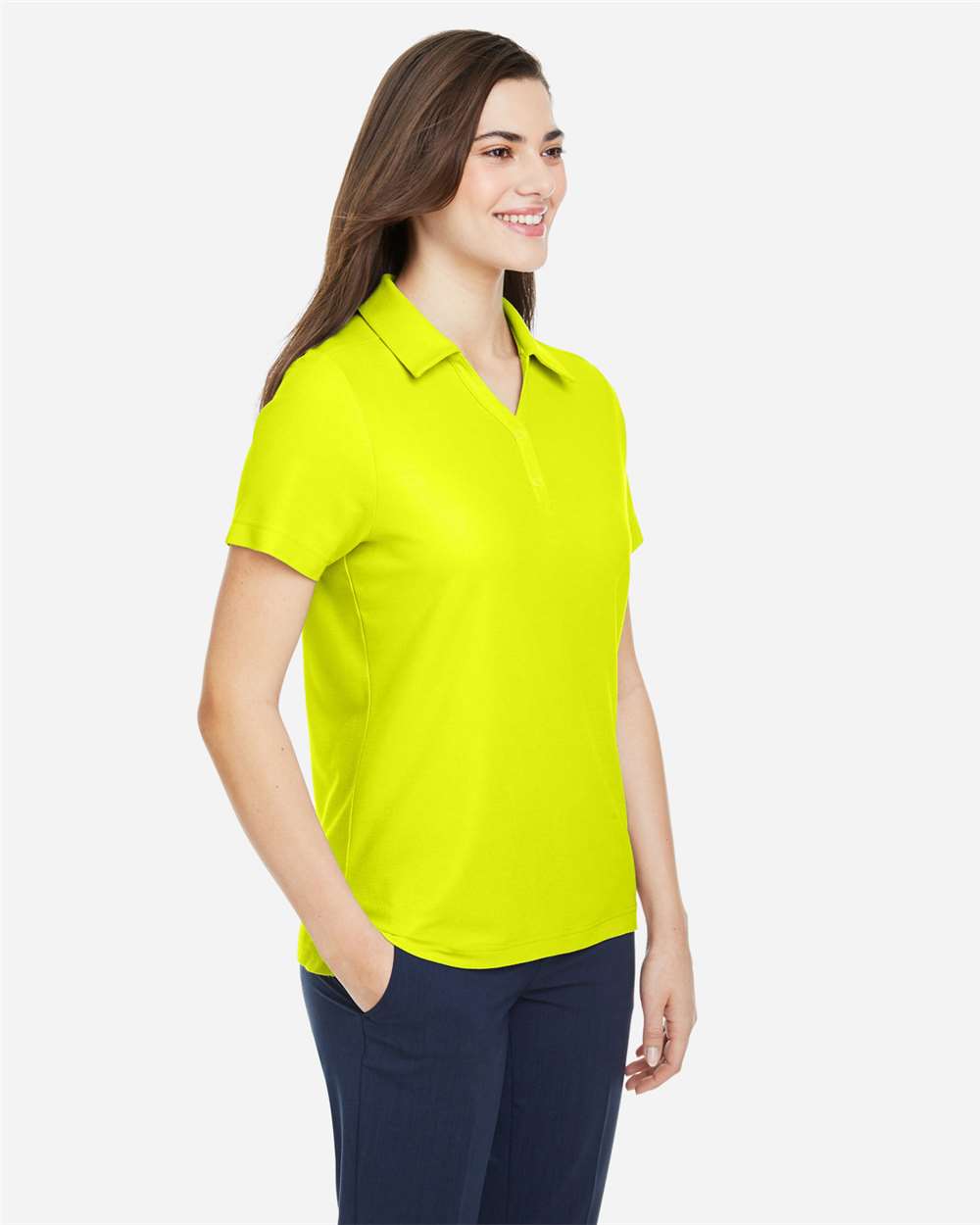 Women's Fusion ChromaSoft™ Pique Polo - OnModelSide - B280A7162 - Safety Yellow