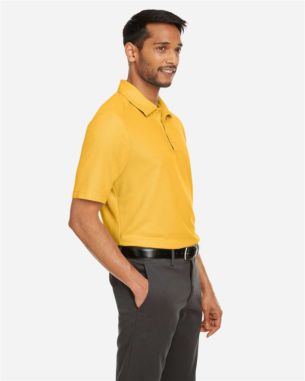 Men's Fusion ChromaSoft™ Pique Polo - OnModelSide - B275A7123 - Campus Gold