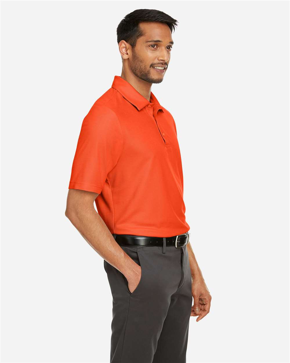 Men's Fusion ChromaSoft™ Pique Polo - OnModelSide - B275A7663 - Campus Orange