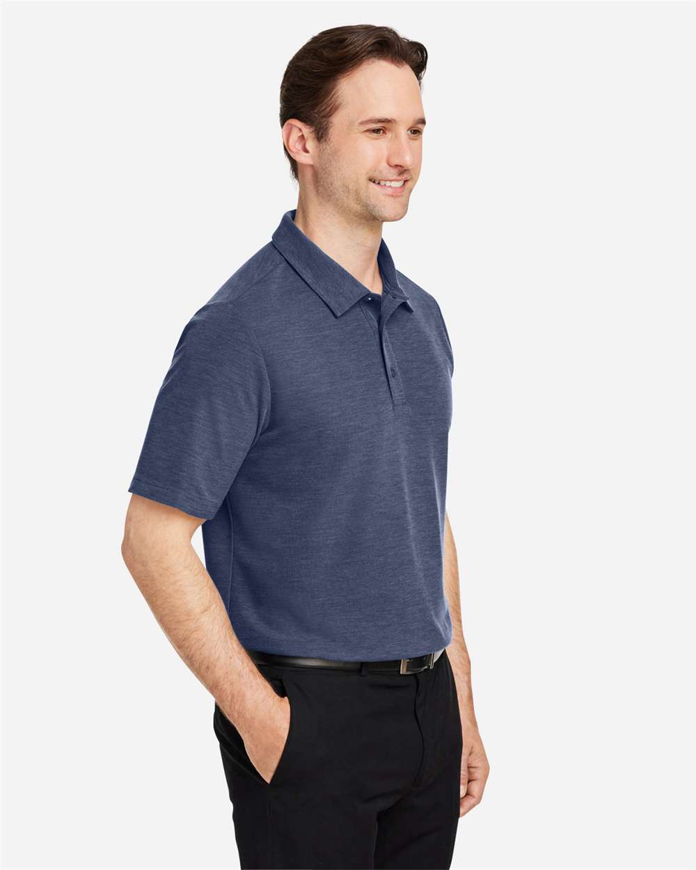 Men's Fusion ChromaSoft™ Pique Polo - OnModelSide - B275A7113 - Classic Navy Heather