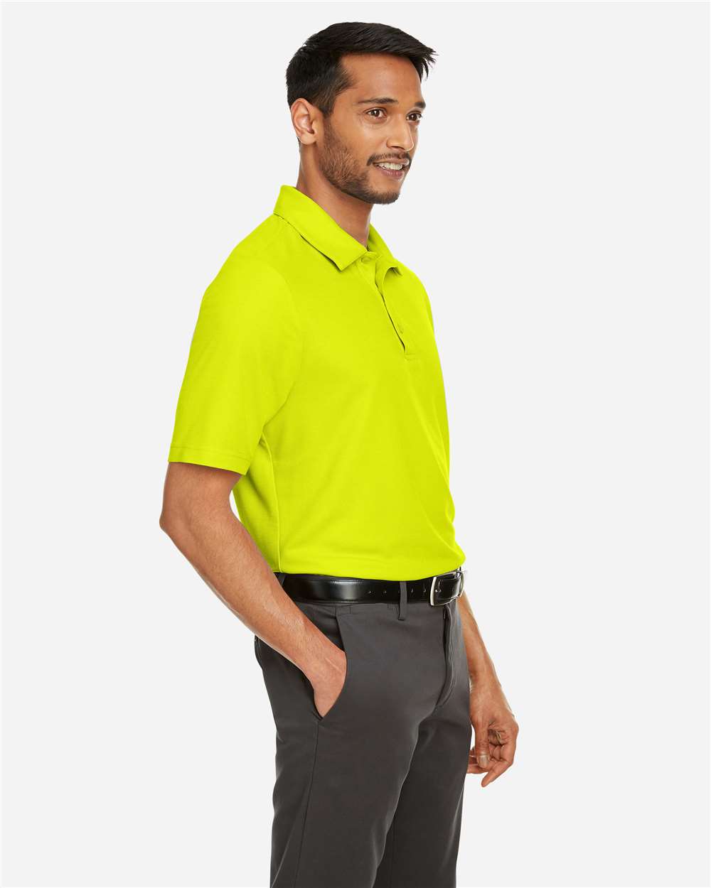 Men's Fusion ChromaSoft™ Pique Polo - OnModelSide - B275A7163 - Safety Yellow