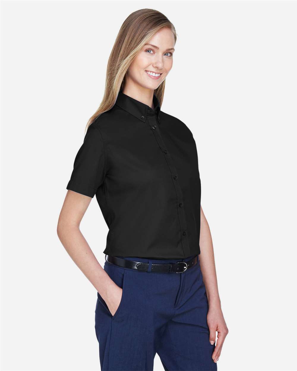 Women's Optimum Short Sleeve Twill Shirt - OnModelSide - B217A7502 - Black