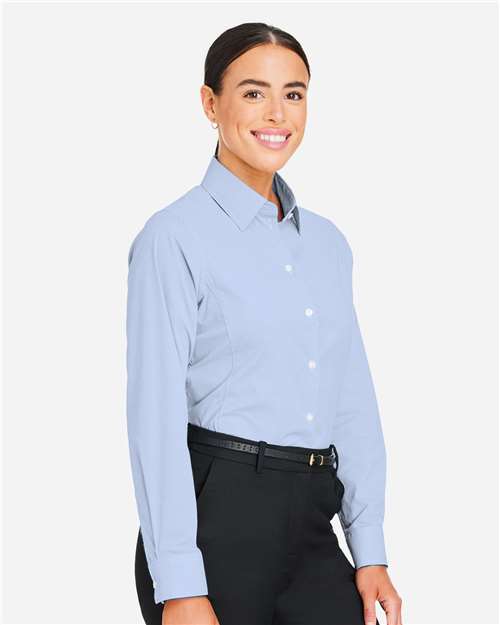 Women's CrownLux Performance® Microstripe Dress Shirt - OnModelSide - B686B2254 - French Blue/ White