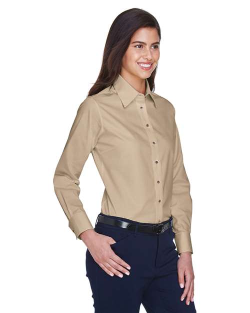 Women's Easy Blend™ Long Sleeve Twill Dress Shirt with Stain-Release - OnModelSide - B240B9122 - Stone
