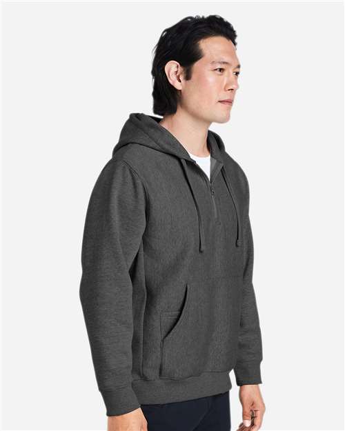 Unisex Zone HydroSport™ Heavyweight Quarter-Zip Hooded Sweatshirt - OnModelSide - B762D9024 - Dark Grey Heather