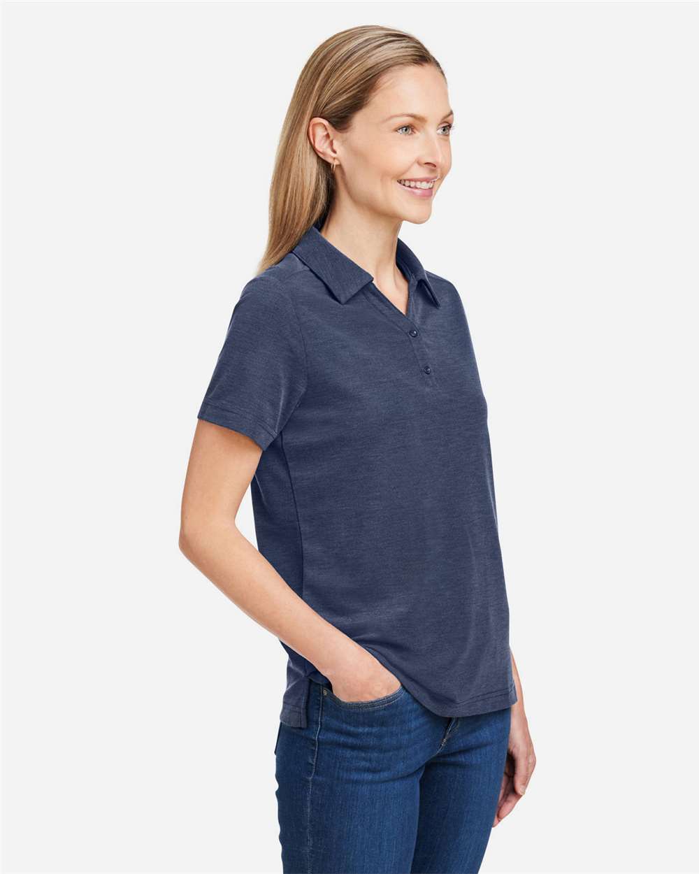 Women's Fusion ChromaSoft™ Pique Polo - OnModelSide - B280A7682 - Classic Navy Heather