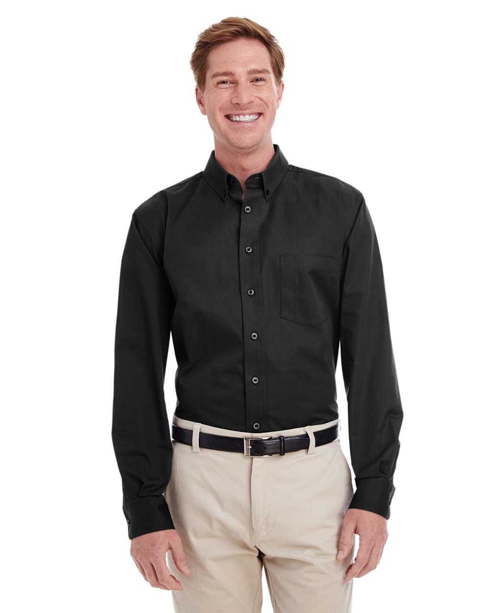 Men's Foundation Cotton Twill Dress Shirt with Teflon - OnModelFront - B828B9503 - Black