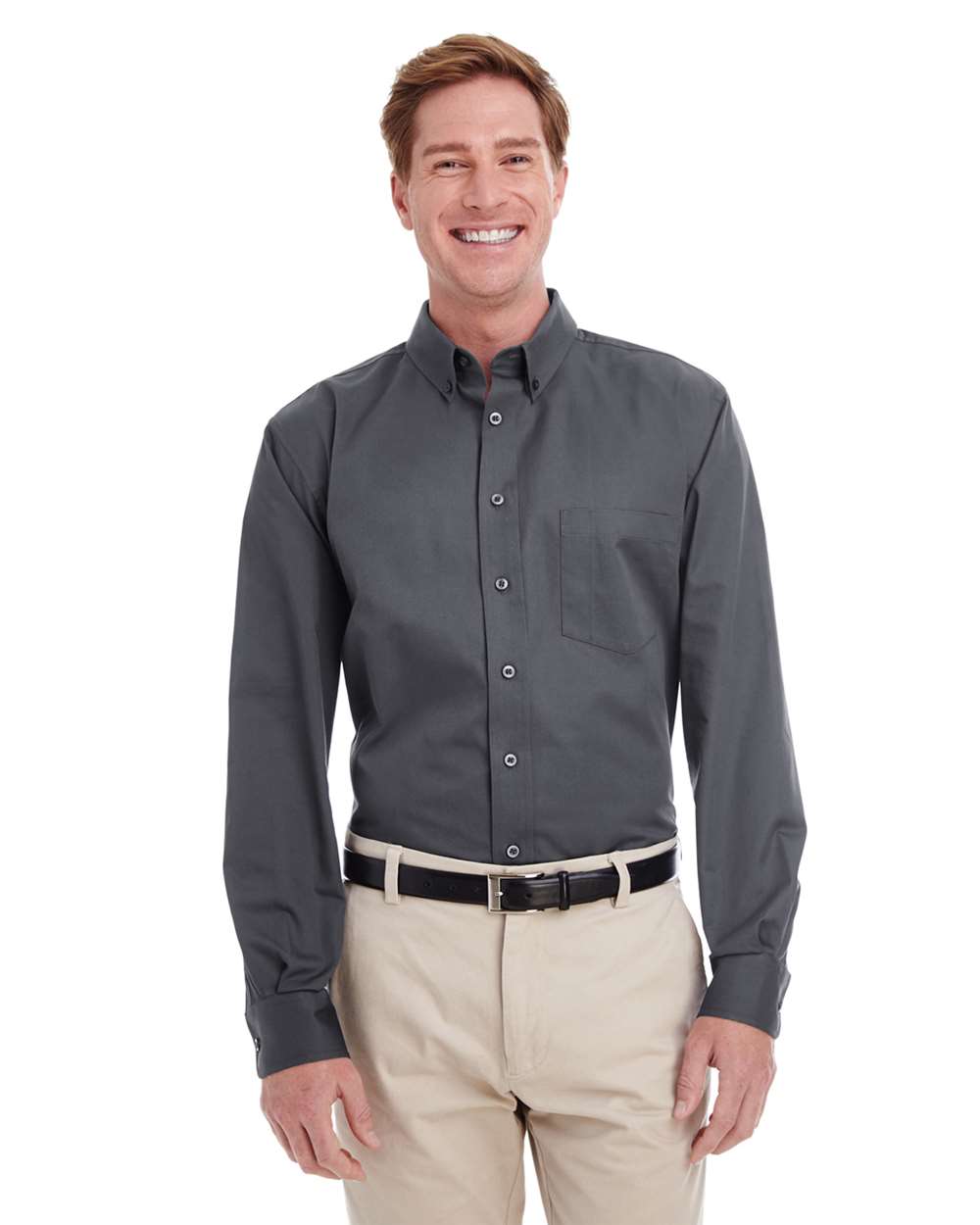 Men's Foundation Cotton Twill Dress Shirt with Teflon - OnModelFront - B828B9593 - Dark Charcoal