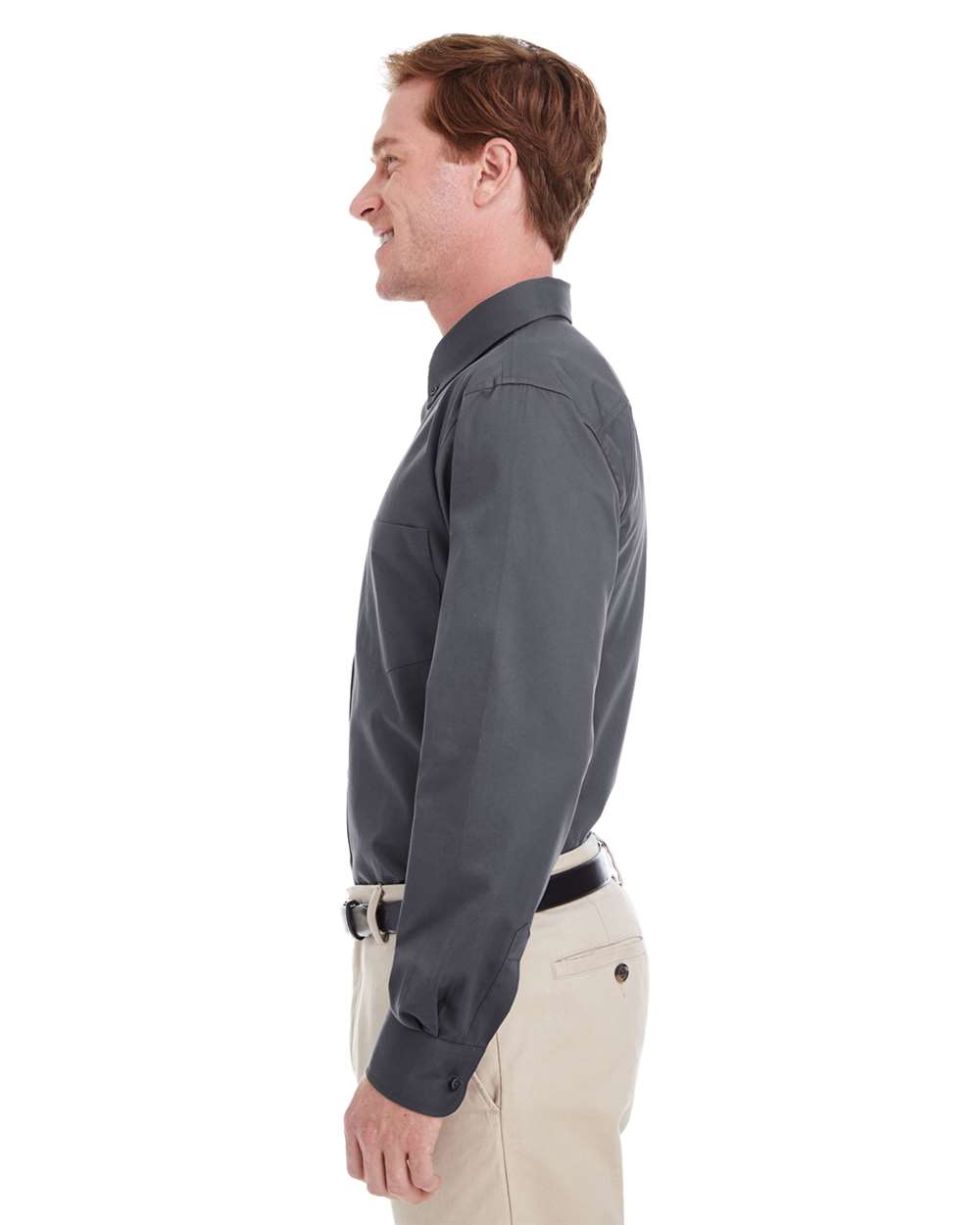 Men's Foundation Cotton Twill Dress Shirt with Teflon - OnModelSide - B828B9593 - Dark Charcoal