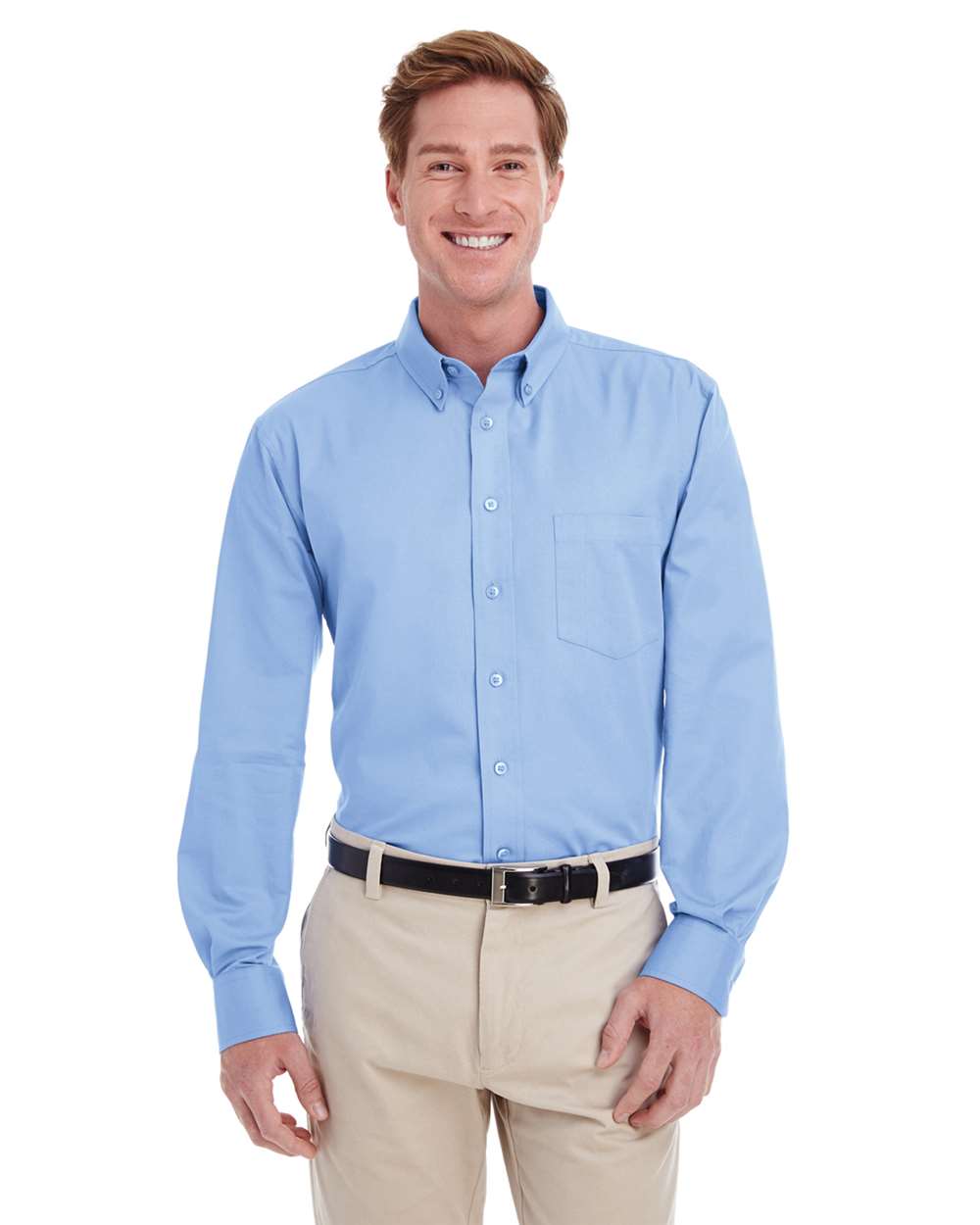 Men's Foundation Cotton Twill Dress Shirt with Teflon - OnModelFront - B828B9256 - Industry Blue