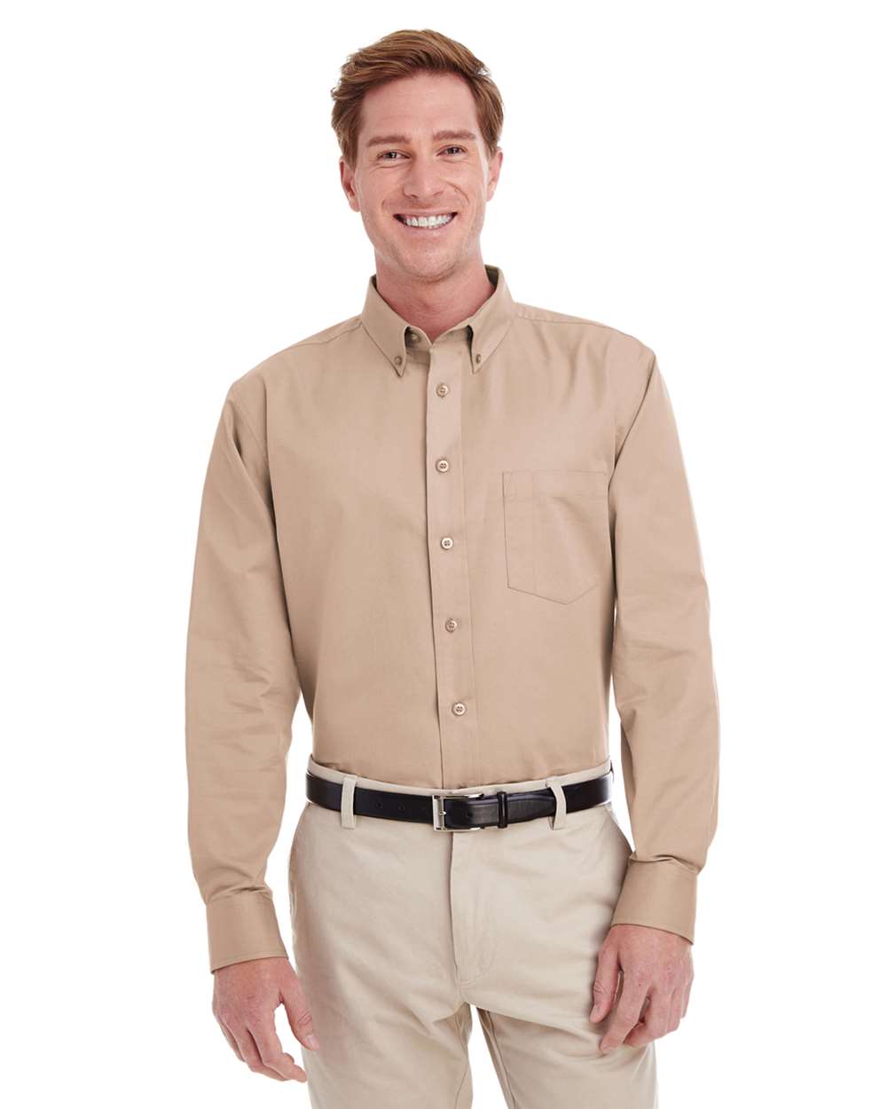Men's Foundation Cotton Twill Dress Shirt with Teflon - OnModelFront - B828B9243 - Khaki