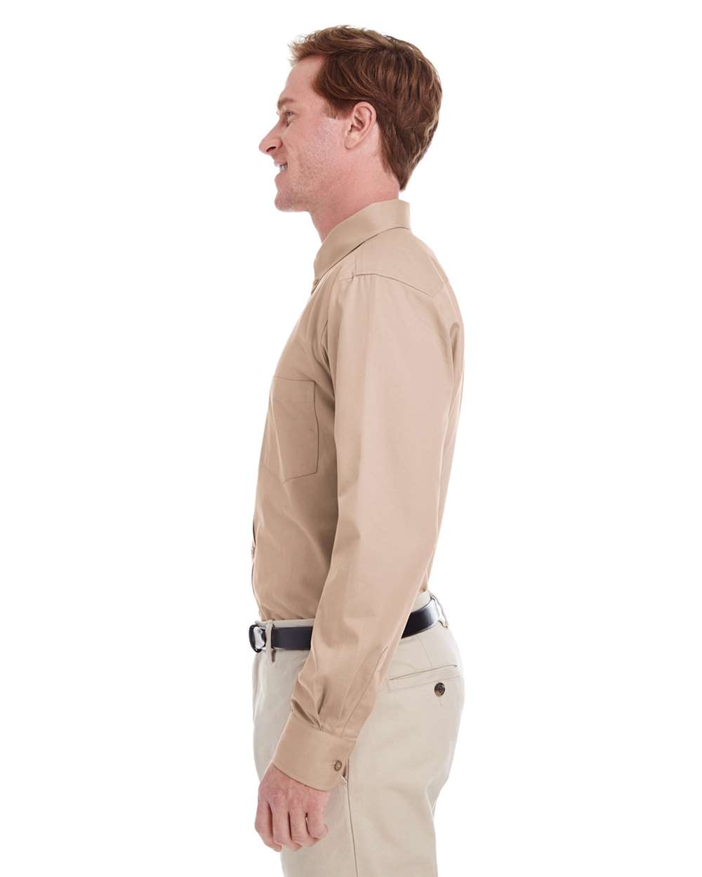 Men's Foundation Cotton Twill Dress Shirt with Teflon - OnModelSide - B828B9243 - Khaki