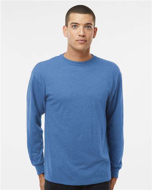 Unisex Gold Soft Touch Long Sleeve T-Shirt - OnModelFront - B01742753 - Heather Royal