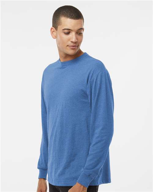 Unisex Gold Soft Touch Long Sleeve T-Shirt - OnModelSide - B01742753 - Heather Royal