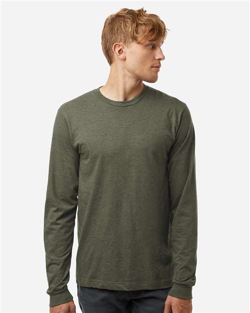 Unisex Fine Jersey Long Sleeve T-Shirt - OnModelFront - B00059552 - Heather Military Green