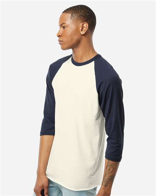 Unisex Fine Jersey Raglan T-Shirt - OnModelSide - B30359642 - Vintage White/ Navy
