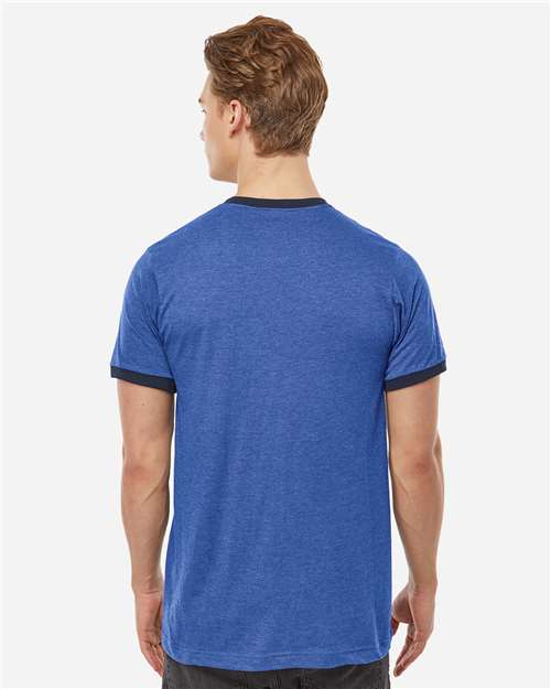 Unisex Fine Jersey Ringer T-Shirt - OnModelBack - B30459752 - Heather Royal/ Navy