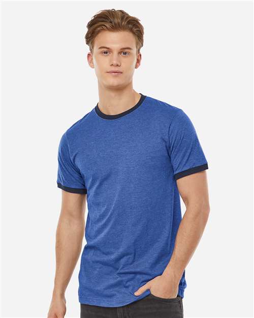 Unisex Fine Jersey Ringer T-Shirt - OnModelFront - B30459752 - Heather Royal/ Navy