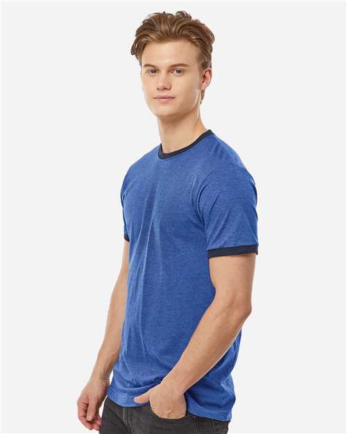 Unisex Fine Jersey Ringer T-Shirt - OnModelSide - B30459752 - Heather Royal/ Navy