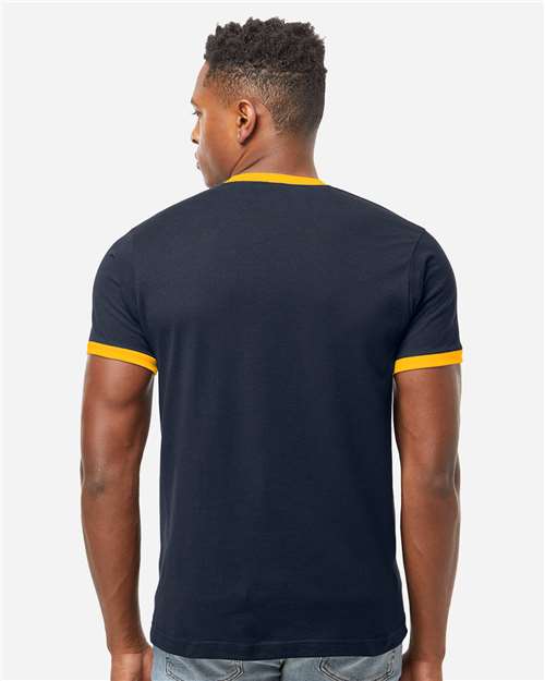 Unisex Fine Jersey Ringer T-Shirt - OnModelBack - B30459152 - Navy/ Gold