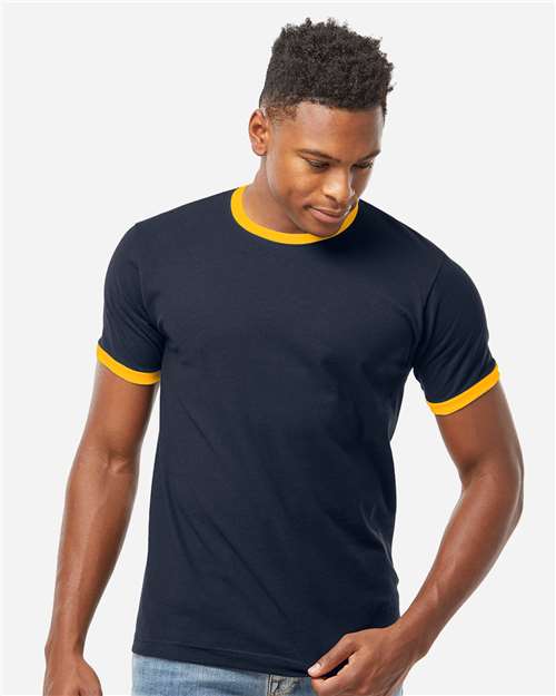 Unisex Fine Jersey Ringer T-Shirt - OnModelFront - B30459152 - Navy/ Gold
