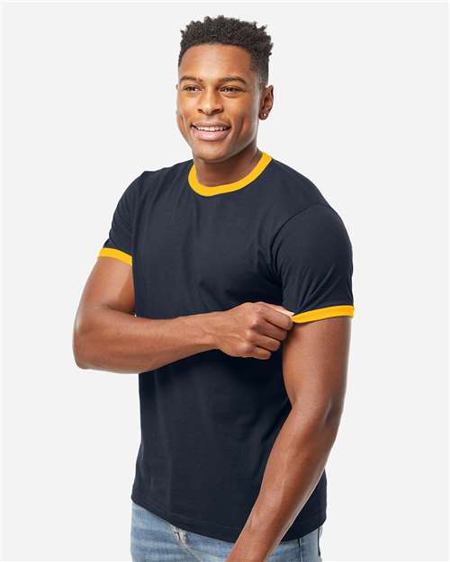Unisex Fine Jersey Ringer T-Shirt - OnModelSide - B30459152 - Navy/ Gold