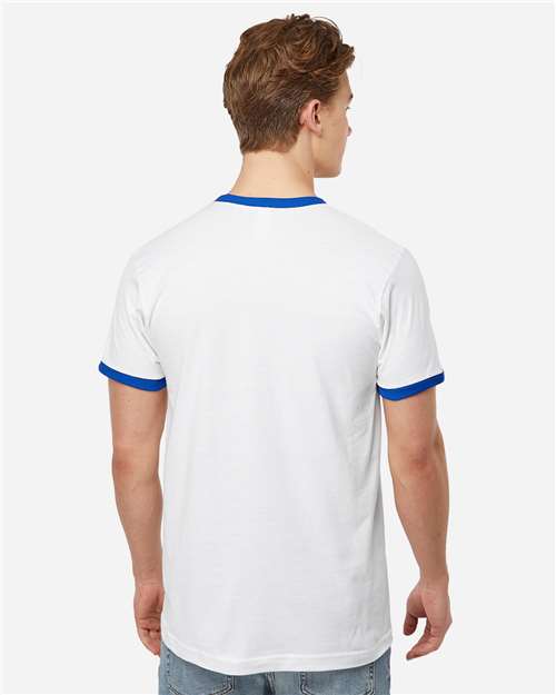 Unisex Fine Jersey Ringer T-Shirt - OnModelBack - B30459762 - White/ Royal