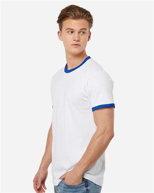 Unisex Fine Jersey Ringer T-Shirt - OnModelSide - B30459762 - White/ Royal