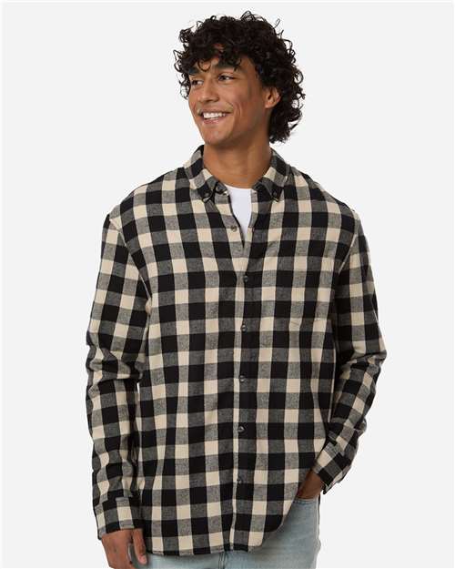 Men's Flannel Button Down Shirt - OnModelFront - B22803103 - Black/ Ecru Buffalo Plaid