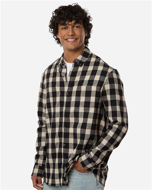 Men's Flannel Button Down Shirt - OnModelSide - B22803103 - Black/ Ecru Buffalo Plaid