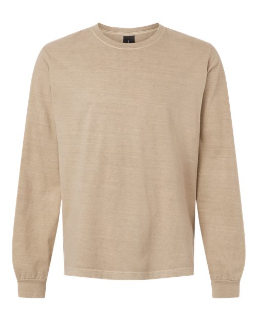 Unisex Heavyweight Garment-Dyed Long Sleeve Tee - Front - B08406242 - Khaki