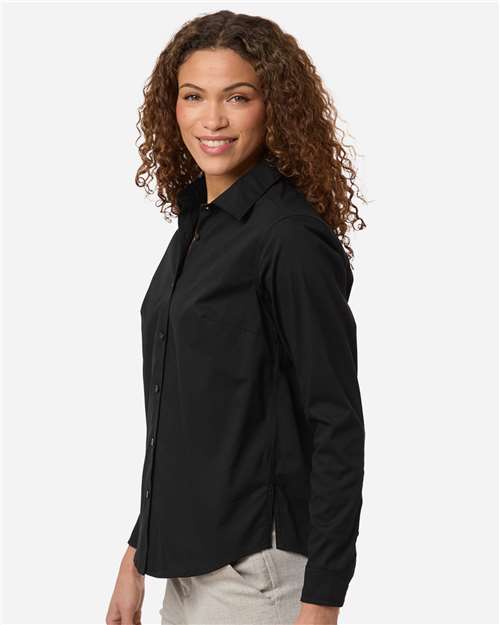 Women's CrownLux Performance® Spencer Poplin Dress Shirt - OnModelSide - B670B2502 - Black