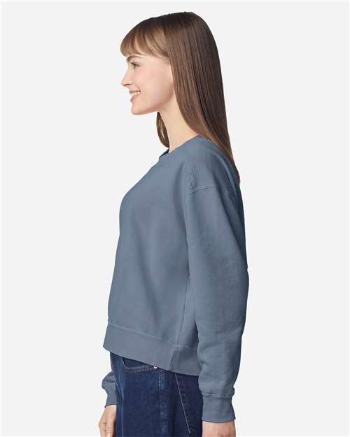 Women's Garment-Dyed Mid-Length Crewneck Sweatshirt - OnModelSide - B00408983 - Blue Jean
