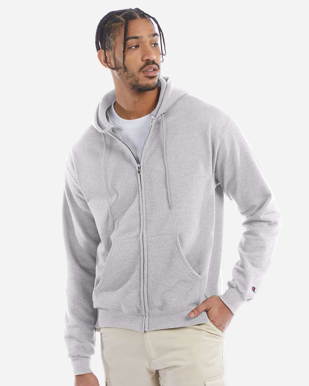 Powerblend® Full-Zip Hooded Sweatshirt - OnModelFront - B25384023 - Silver Grey