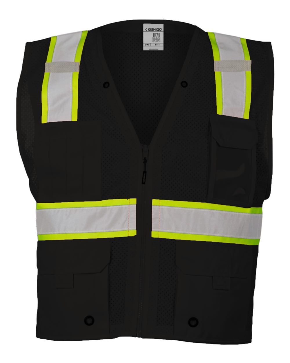 111-EV Series® Enhanced Visibility Multi-Pocket Mesh Vest - Front - B68429173 - Black/ Lime - B100