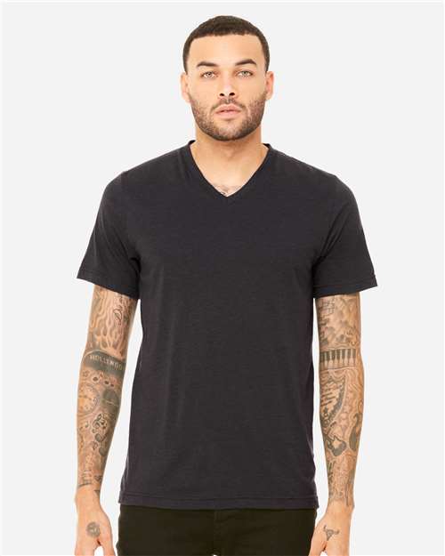 Unisex Triblend V-Neck Tee - OnModelFront - B02006203 - Solid Dark Grey Triblend