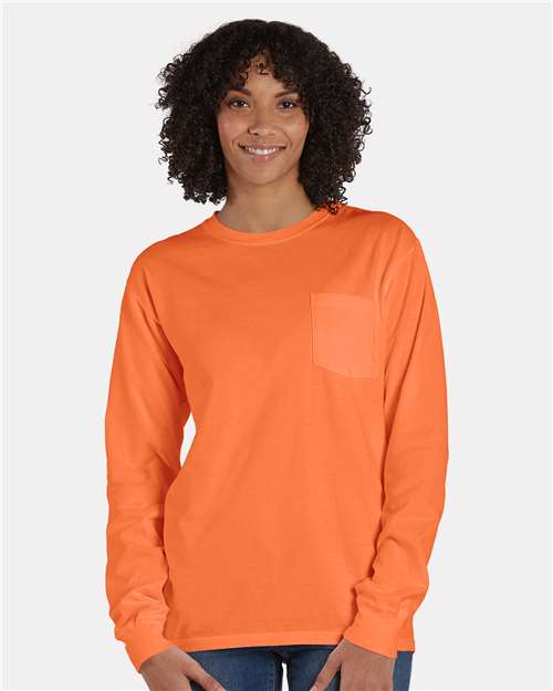 Unisex Garment-Dyed Long Sleeve T-Shirt With a Pocket - OnModelFront - B35400187 - Horizon Orange